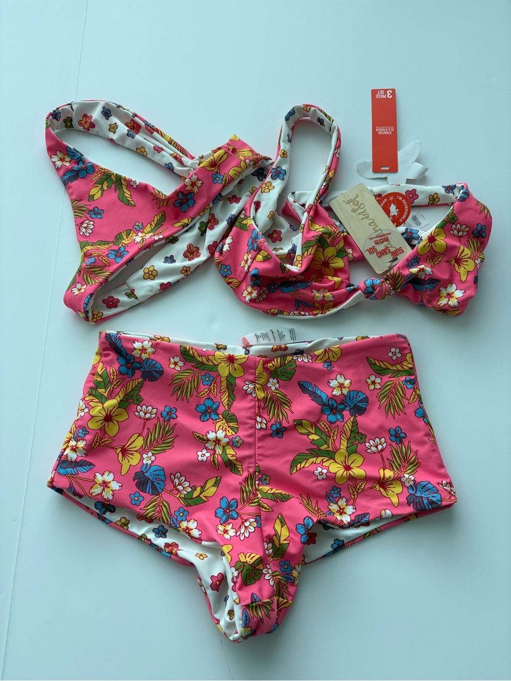 Cabana del Sol XS 3-Piece Reversible Bikini Set Pink Floral NWT